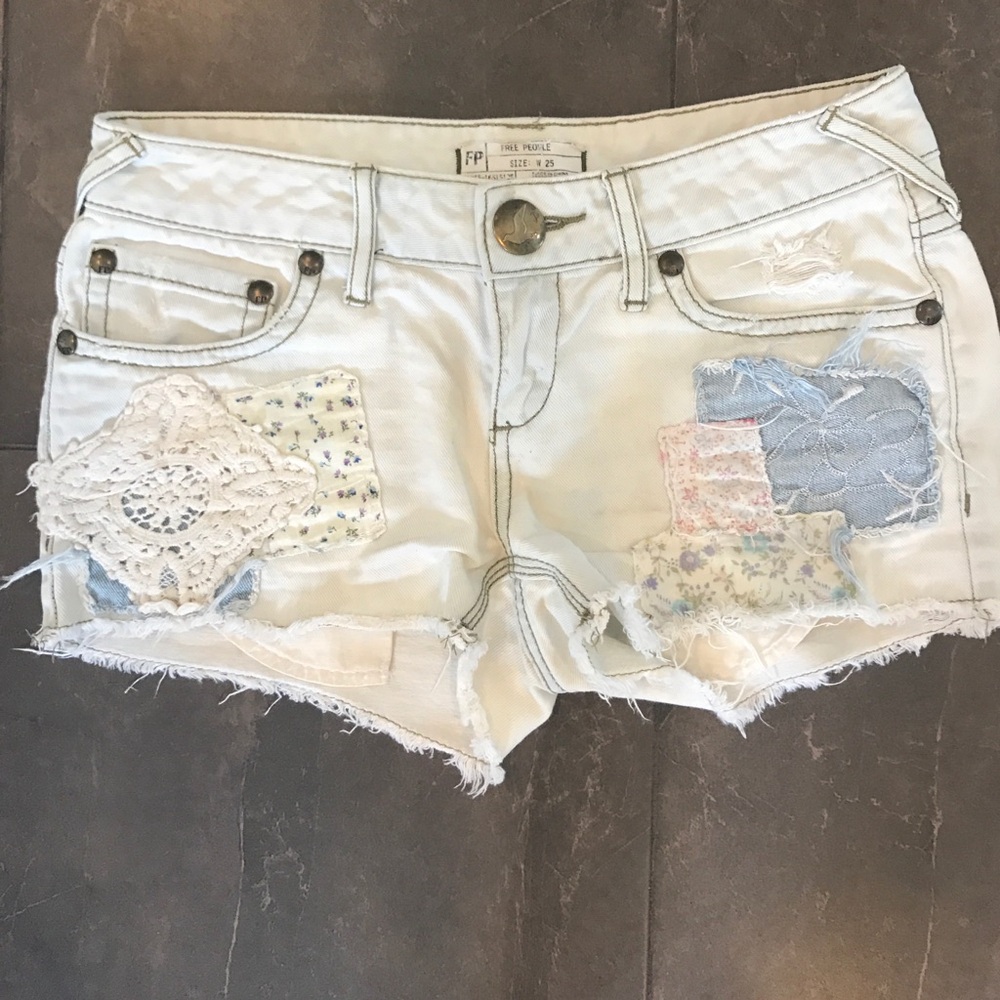 White Distressed Denim Shorts with Patchwork